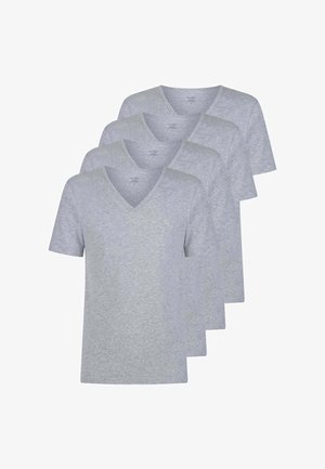 T-shirt a girocollo a V grigio chiaro, 100% cotone, maniche corte, con vestibilità regolare e superficie liscia e leggermente strutturata. Confezione da cinque.
