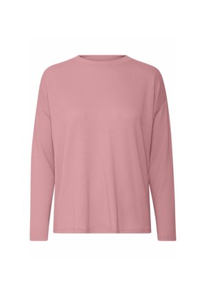 Langärmliges, geripptes pinkes Shirt mit rundem Ausschnitt und lockerem Schnitt. Glatte Textur mit minimalen Nähten, geeignet für legere Anlässe.