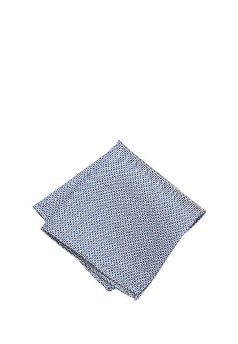 Blue pocket square folded diagonally, featuring a geometric pattern of small blue and white dots on a light blue background. Cotton material.