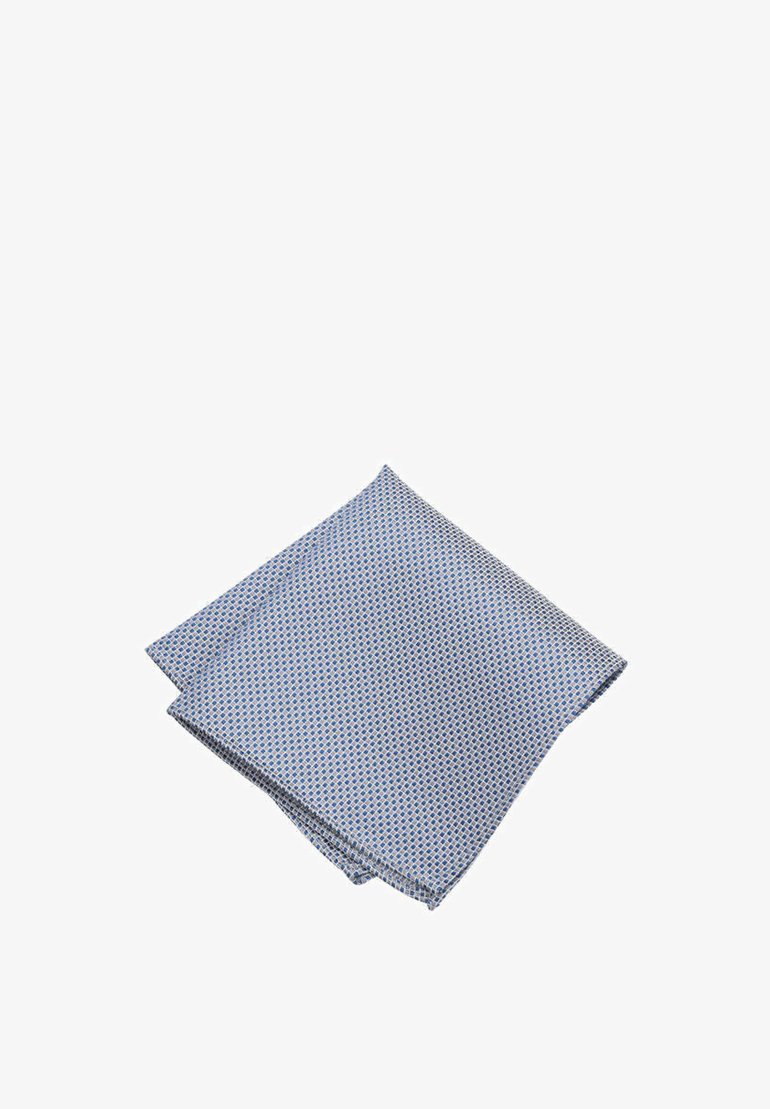Blue pocket square folded diagonally, featuring a geometric pattern of small blue and white dots on a light blue background. Cotton material.