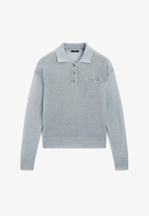 Maglione polo a maniche lunghe di colore grigio chiaro, lavorato a maglia con polsini a coste, patta con tre bottoni, colletto e piccola tasca sul petto con bottone.