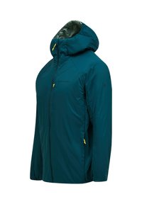 Turquoise lichtgewicht jas met capuchon, voorzien van een ritssluiting over de volle lengte aan de voorkant en gele ritstrektrekjes aan de zakken en op de borst.