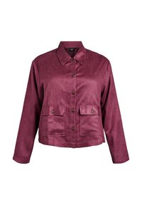 Burgundowa skórzana kurtka z kołnierzykiem, zapięciem na guziki z przodu oraz dwoma kieszeniami na piersi z klapkami na guziki. Długie rękawy i krótki krój.