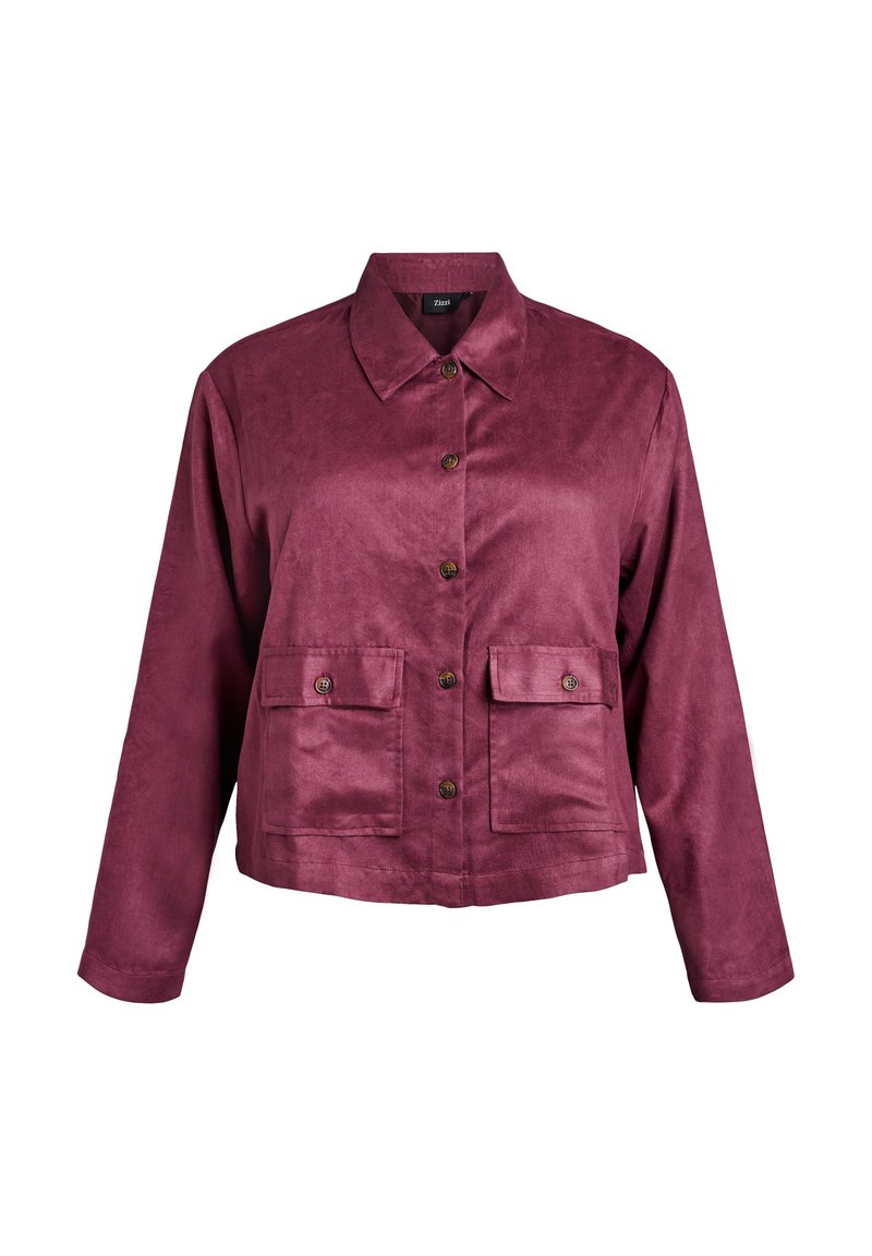 Burgundowa skórzana kurtka z kołnierzykiem, zapięciem na guziki z przodu oraz dwoma kieszeniami na piersi z klapkami na guziki. Długie rękawy i krótki krój.