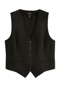 Gilet nero con scollatura a V, chiusura a sei bottoni e due tasche frontali. Design strutturato in un tessuto liscio. Nessun motivo o dettaglio visibile.