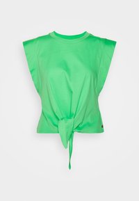 Groen katoenen T-shirt met korte mouwen, geknoopt zoomdetail, gladde textuur, ronde halslijn en een iets ruime pasvorm.