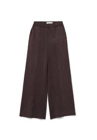 Pantalones de pierna ancha en tejido marrón oscuro, con cinturilla elástica y bolsillos laterales, con costuras verticales para dar estructura.