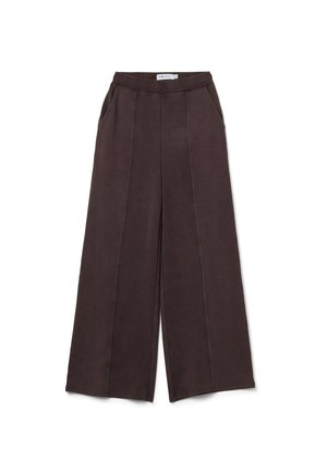 Pantaloni a gamba larga in tessuto marrone scuro, con vita elasticizzata e tasche sui lati, caratterizzati da cuciture verticali per una maggiore struttura.