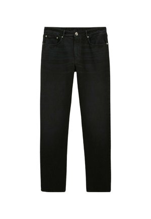 Jean en denim noir avec une coupe droite, style cinq poches et détails en métal. Texture lisse avec une décoloration minimale.