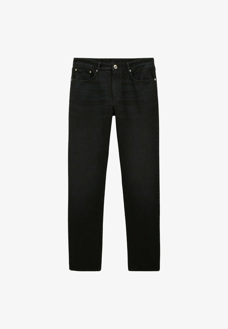 Jean en denim noir avec une coupe droite, style cinq poches et détails en métal. Texture lisse avec une décoloration minimale.
