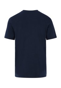 Camiseta de manga corta azul marino hecha de algodón, con cuello redondo y dobladillo recto. Sin logotipos ni patrones visibles.