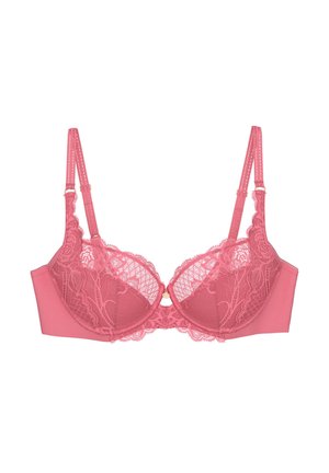 Soutien-gorge rose en dentelle avec armatures, bretelles doubles réglables et détails en tulle floral sur les bonnets et la bande.