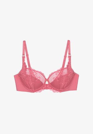 Soutien-gorge rose en dentelle avec armatures, bretelles doubles réglables et détails en tulle floral sur les bonnets et la bande.