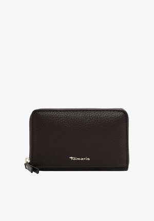 Brown leather wallet with a pebbled texture, zip closure, and a silver logo accent. Rectangular shape, minimal design, and smooth edges.