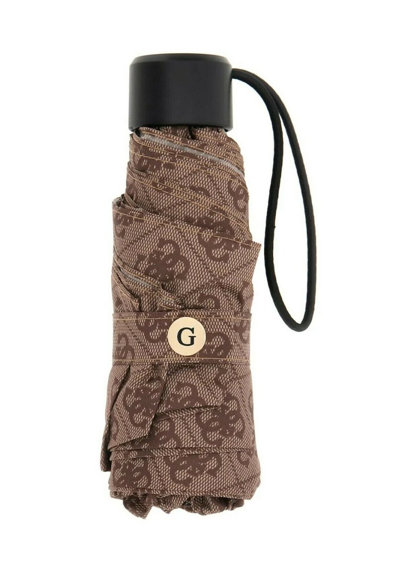 Ombrello pieghevole compatto di colore marrone con motivi scuri, manico nero e cinturino da polso, assicurato con una fascia dotata di una fibbia rotonda contrassegnata dalla lettera "G".