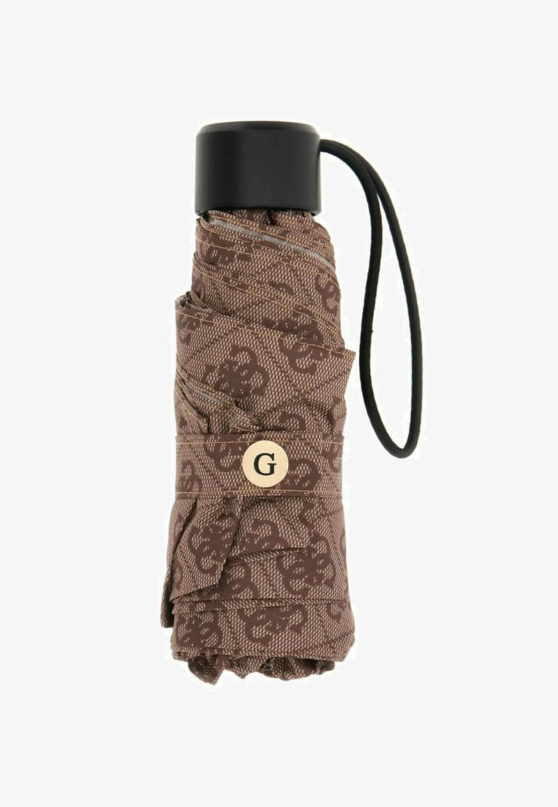 Ombrello pieghevole compatto di colore marrone con motivi scuri, manico nero e cinturino da polso, assicurato con una fascia dotata di una fibbia rotonda contrassegnata dalla lettera "G".