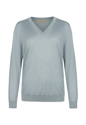 Hellblauer Langarm-V-Ausschnitt-Pullover mit gerippten Bündchen und Saum, gefertigt aus feinem Strickstoff.