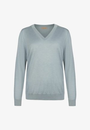 Hellblauer Langarm-V-Ausschnitt-Pullover mit gerippten Bündchen und Saum, gefertigt aus feinem Strickstoff.