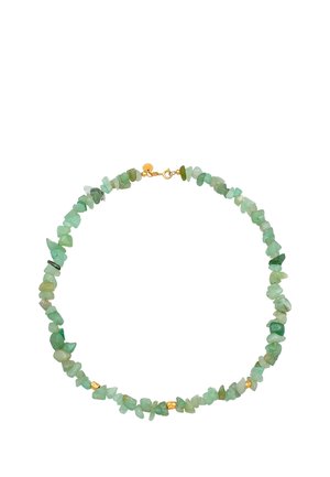 Green chip gemstone necklace with irregular shapes, featuring varying shades of green and small gold accents. Secure clasp at the back.