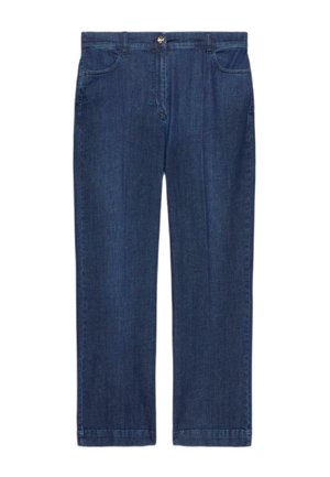 Donkere blauw denim jeans met rechte pijpen, voorzakken, riemlussen en een knoopsluiting in de tailleband.