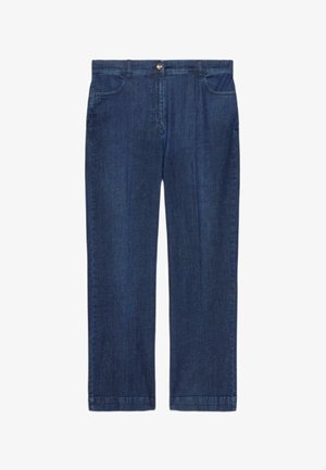 Proste dżinsy w ciemnoniebieskim kolorze z przednimi kieszeniami, szlufkami na pasek i zapinane na guzik w pasie.