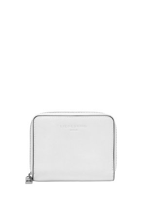 White leather wallet with zip closure, smooth texture, embossed logo on the front, and minimalist design. Square shape with rounded edges.