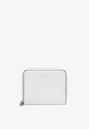 White leather wallet with zip closure, smooth texture, embossed logo on the front, and minimalist design. Square shape with rounded edges.