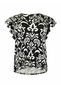 Svart och vit mönstrad kortärmad topp med V-hals och volangärmar, som har en dekorerande blommönster. Mjuk textil, avslappnad passform.