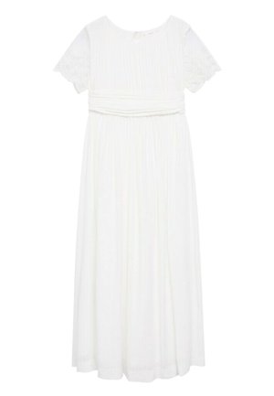 Weißes knielanges Kleid mit kurzen Spitzenärmeln, geraffter Taille und fließendem Rock. Aus leichtem Stoff mit vertikalen Falten gefertigt.
