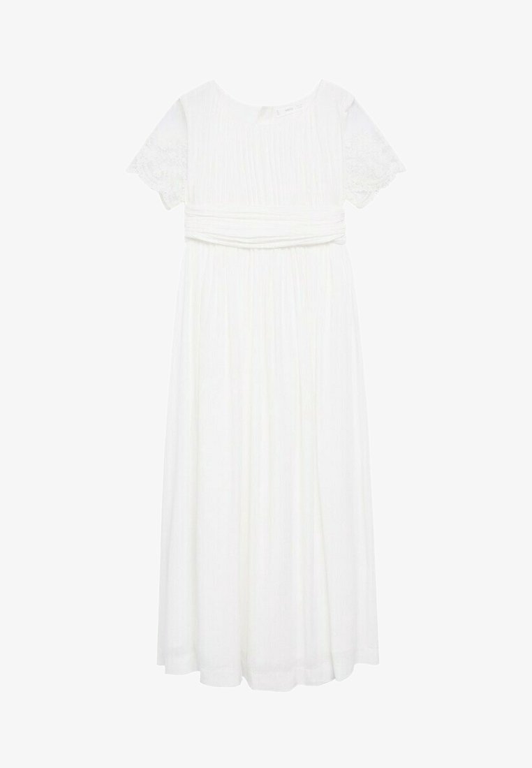 Robe blanche, jusqu'aux genoux, avec de courtes manches en dentelle, taille cintrée et jupe fluide. Fabriquée en tissu léger avec des plis verticaux.