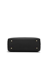 Black textured leather bag with a rectangular shape. Features gold metal feet on the bottom for stability. Smooth leather trim around edges.