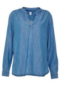 Camicia a maniche lunghe in chambray azzurro chiaro con scollo a V, cuciture delle spalle arricciate e orlo dritto. Vestibilità rilassata con dettagli in bottone.