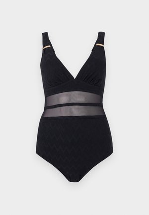 Μαύρο ολόσωμο μαγιό με υφή υφάσματος, βαθύ V-λαιμόκοψη, φαρδιές τιράντες ώμων και διαφανές πλέγμα γύρω από τη μέση.