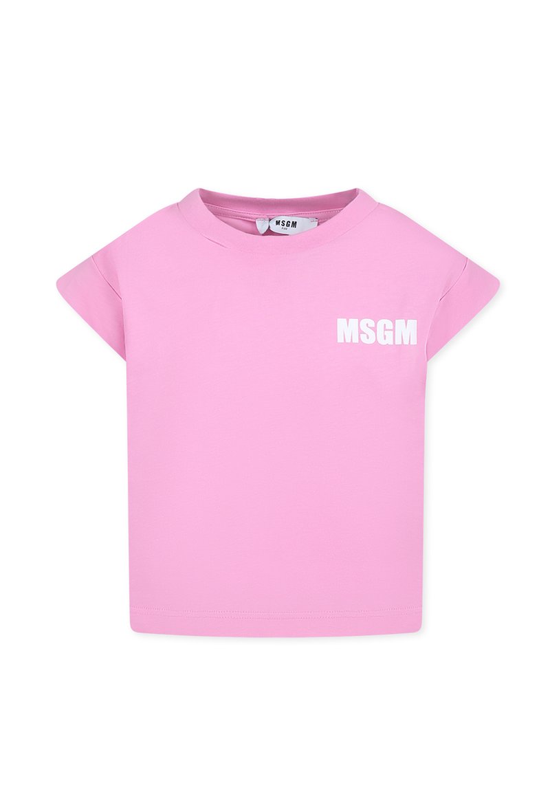 T-shirt rosa a maniche corte in cotone, con collo a giro e logo bianco "MSGM" stampato davanti. Tessuto liscio con vestibilità comoda.