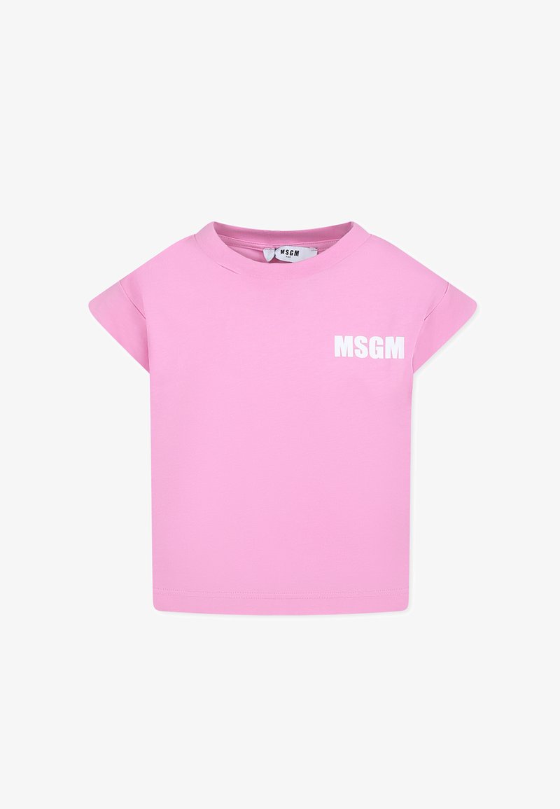 T-shirt rosa a maniche corte in cotone, con collo a giro e logo bianco "MSGM" stampato davanti. Tessuto liscio con vestibilità comoda.