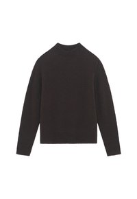 Schwarzer Langarm-Pullover mit Rundhalsausschnitt aus weichem, flauschigem Material und geradem Saum, auf einem weißen Hintergrund präsentiert.