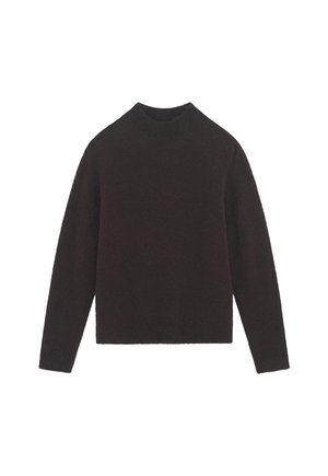 Zwarte langemouwen crewneck sweater met een zachte, fuzzy textuur en een rechte zoom, weergegeven op een witte achtergrond.
