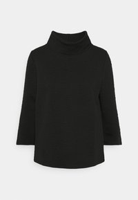 Maglione nero a collo alto in tessuto testurizzato, con maniche a tre quarti e colletto oversize. Design semplice e dritto.