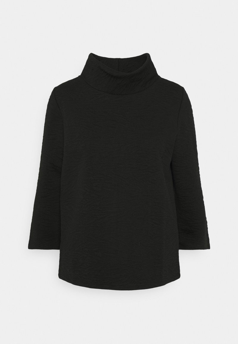 Maglione nero a collo alto in tessuto testurizzato, con maniche a tre quarti e colletto oversize. Design semplice e dritto.