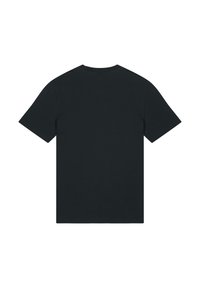 Zwarte katoenen t-shirt met korte mouwen, ronde hals en een gladde textuur. De achterkant heeft geen logo's of grafische elementen, wat zorgt voor een minimalistisch ontwerp.