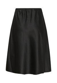 Jupe noire en A fabriquée en tissu lisse, dotée d'une taille élastique et d'un design arrivant au genou avec une silhouette simple et épurée.