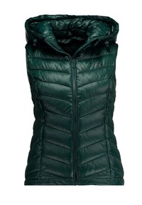 Ciemnozielona bezrękawnikowa kamizelka puchowa z zamkiem błyskawicznym z przodu i przymocowanym kapturem.