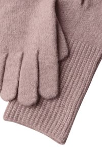 Stickade rosa handskar gjorda av mjukt material, med ribbade manschetter och fem separata fingeröppningar för rörlighet.