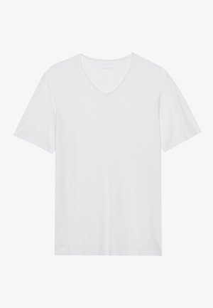 T-shirt blanc à manches courtes avec col en V, fabriqué en coton léger. Présente un design épuré avec une texture lisse et des coutures minimales.