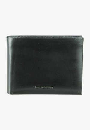 Portafoglio in pelle nera con una superficie liscia, forma rettangolare e un accento di logo argento sul davanti. Design minimalista.