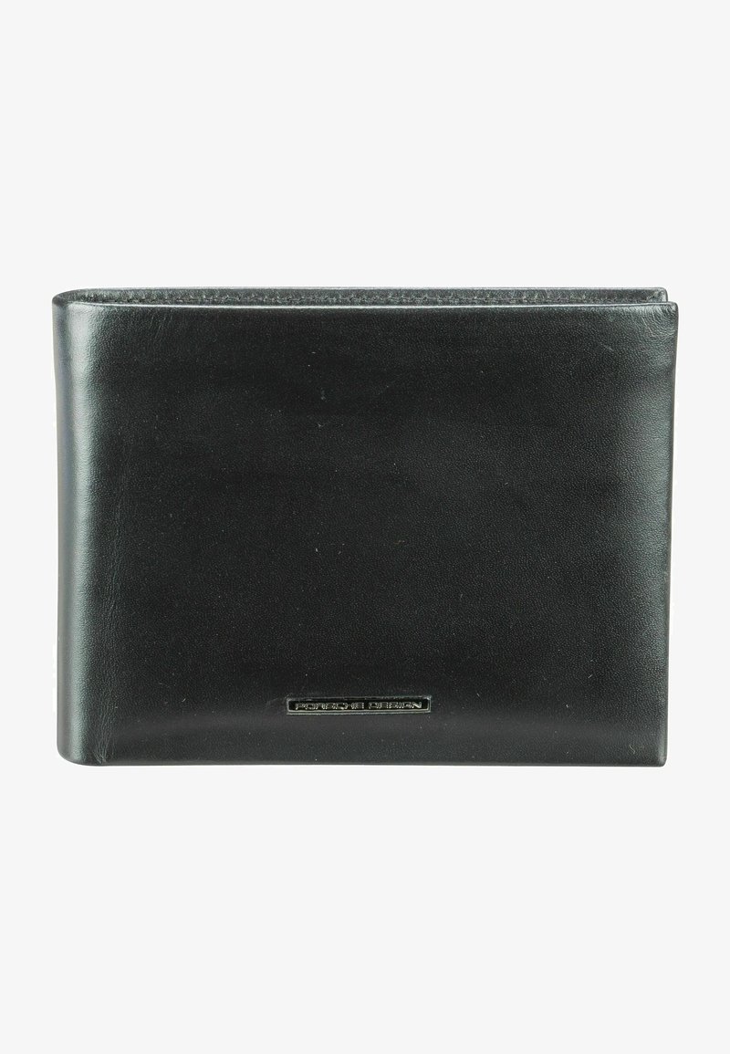 Schwarze Lederbrieftasche mit glatter Oberfläche, rechteckiger Form und silbernem Logo-Detail auf der Vorderseite. Minimalistisches Design.