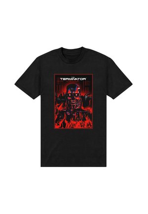 Black cotton t-shirt featuring a graphic design of a robot skull in red flames with the text "The Terminator" in white above and below.