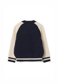 Maglione con corpo blu navy e maniche raglan color crema, colletto e polsini a costine, e dettagli a strisce a contrasto sul fondo.