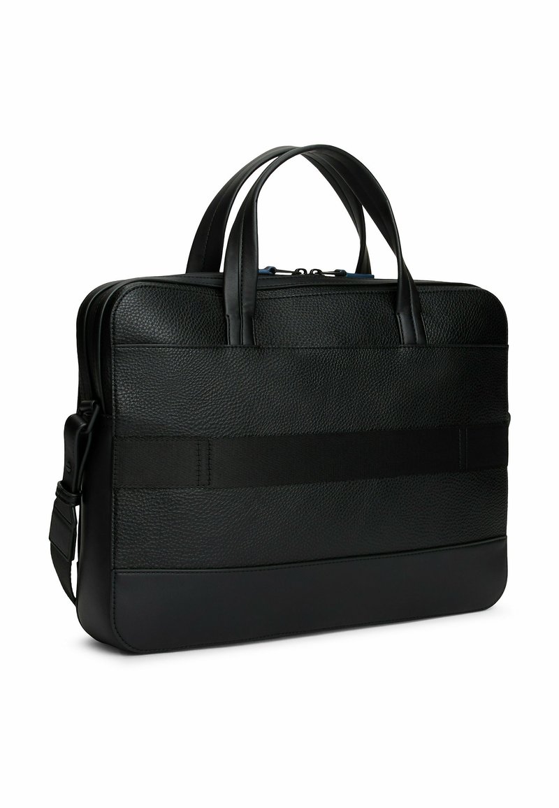 Black leather briefcase with a textured finish, dual handles, and a detachable shoulder strap. Includes a smooth bottom accent band.