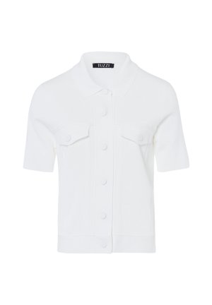 Wit kortärmelig overhemd met knopen en kraag, twee borstzakken met kleppen, en een TUZZI-label aan de binnenkant van de kraag.